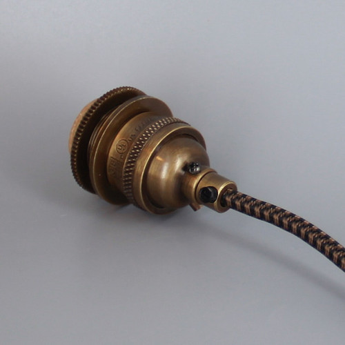 8Ft Long Black Nylon Overbraid Metal E-26 Base Keyless Lamp Socket - Antique Brass