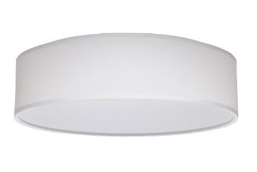 15in Diameter White Fabric Shade Drum LED Flush Mounted Fixture with Acrylic Diffuser. Light Fixture features a 20W Integrated Dimmable LED with selectable Warm to Cool 3000K / 4000K / 5000K color temperatures.