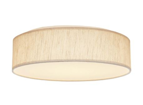 15in Diameter Beige Fabric Shade Drum LED Flush Mounted Fixture with Acrylic Diffuser. Light Fixture features a 20W Integrated Dimmable LED with selectable Warm to Cool 3000K / 4000K / 5000K color temperatures.