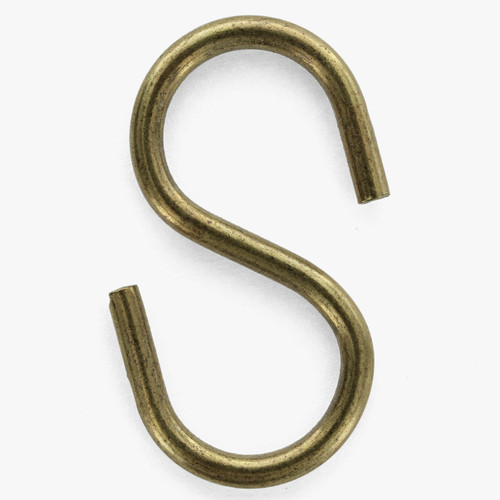 1-1/4in Equal Eye Solid Bright Brass Finish S hook made from .105 Inch Dimeter thick material.