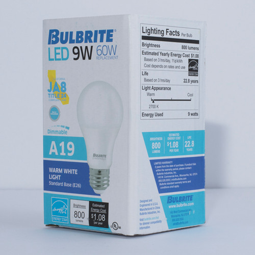 9W LED A19 DIMMABLE ENCLOSED JA8 2700K E26 120V BULB