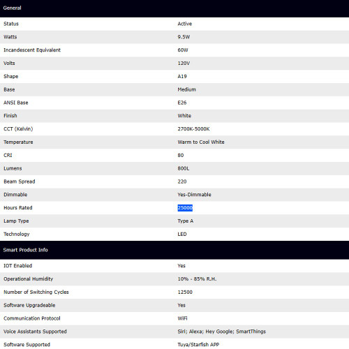 9.5 Watt; A19 LED; RGB & Tunable White; Starfish IOT; 120 Volt; 800 Lumens