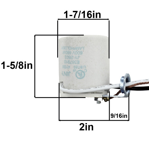 E-26 Porcelain 90 Degree Lamp Socket with 1/2in Tall /8ips Hickey and 18in Long Wire Leads.