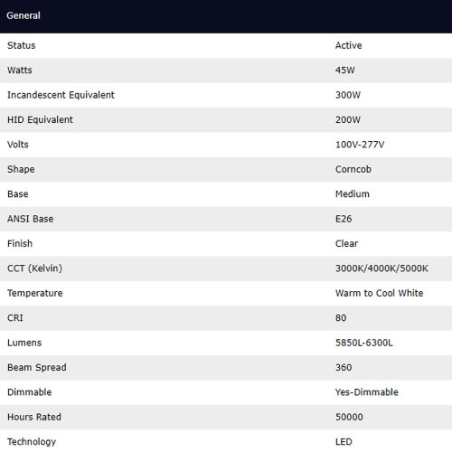 45 Watt; LED HID Replacement; CCT Selectable; Medium base; 100-277 Volt; ColorQuick Technology
