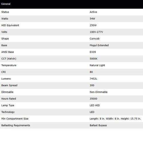 54 Watt LED HID Replacement; 5000K; Extended Mogul base; Type B Ballast Bypass; Economy Hi-Pro