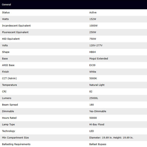 152 Watt - LED HID Replacement; 5K; EX39; Type B Ballast Bypass; 120-277 Volt; Dimmable