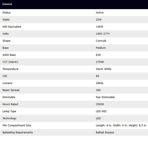 22 Watt LED HID Replacement; 80 CRI; 2700K; Type B; Ballast Bypass; Medium base; Economy Hi-Pro