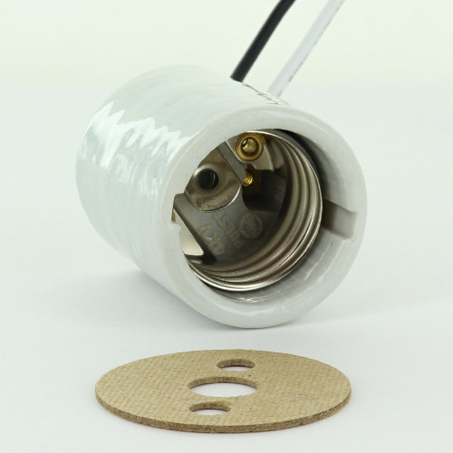 E-26 Porcelain Lamp Socket with 6/32 Mounting Grommets and 21in Long 18/1 105Deg Wire Leads. Lamp Socket rated Maximum 660W, 600V.  Includes Cardboard Insulator.