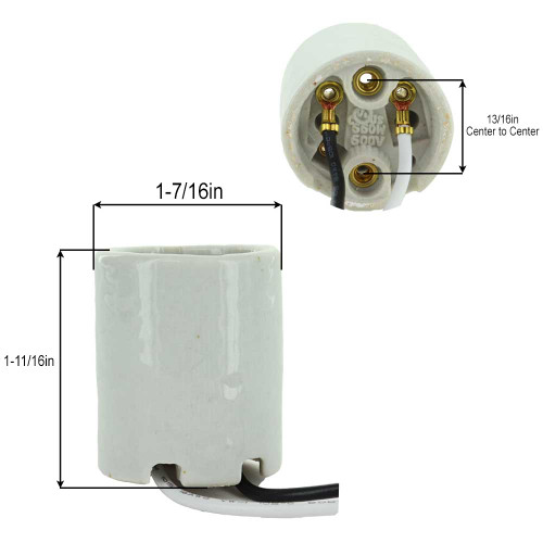 E-26 Porcelain Lamp Socket with 6/32 Mounting Grommets and 21in Long 18/1 105Deg Wire Leads. Lamp Socket rated Maximum 660W, 600V.  Includes Cardboard Insulator.