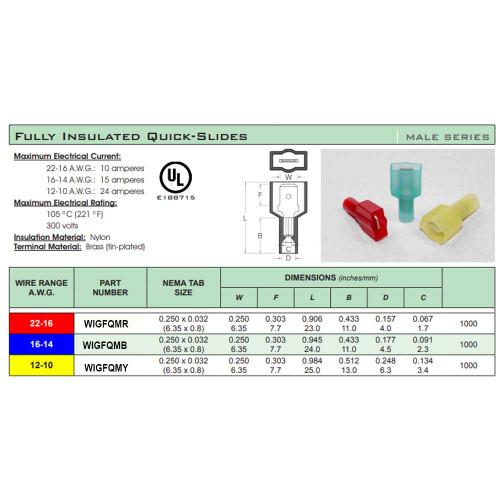 Male 22-16 Gauge Wire Red Fully Insulated Quick Slide Connector