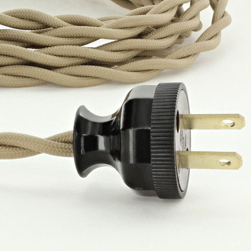 10ft Long Tan Twisted 18/2 SPT-2 Type UL Listed Power Cord With Antique Style Brown Phenolic Plug.