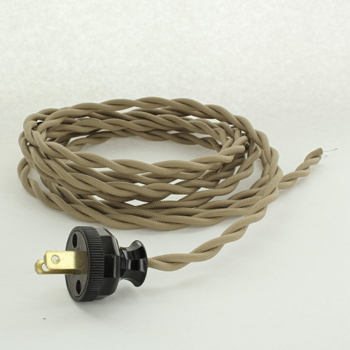 10ft Long Tan Twisted 18/2 SPT-2 Type UL Listed Power Cord With Antique Style Brown Phenolic Plug.