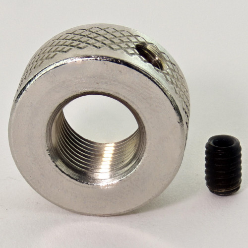 1/8ips - 3/4in Diameter x 3/8in H - Diamond Knurled Round Locknut with Set-Screw - Polished Nickel
