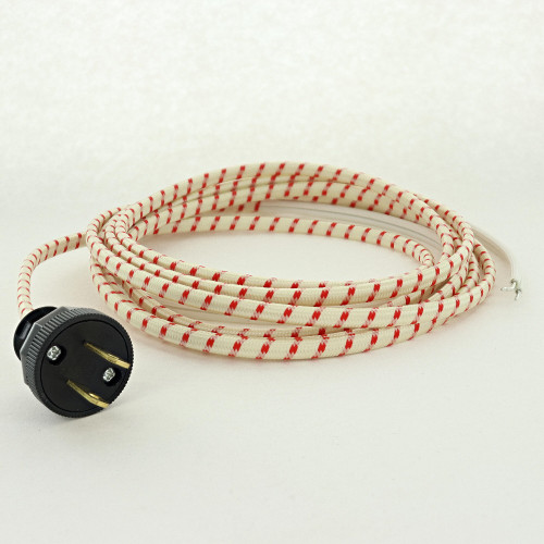 12ft. Cream/Red Tracer Cloth Covered SPT-2 Wire Lamp Cords with Antique Style Plug. (10FT BRAIDED 2FT BARE 1-1/2 SPLIT 3/4 STRIPPED W/ TIPS SOLDERED).