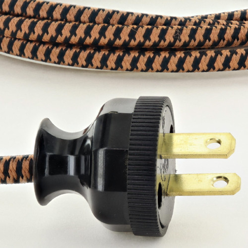 12ft. Long 18/2 SPT-2-B Metallic Copper/Black Houndstooth Cloth Braided Wire Lamp Cord Set with Decorative Plug. (10FT BRAIDED 2FT BARE 1-1/2 SPLIT 3/4 STRIPPED W/ TIPS SOLDERED).
