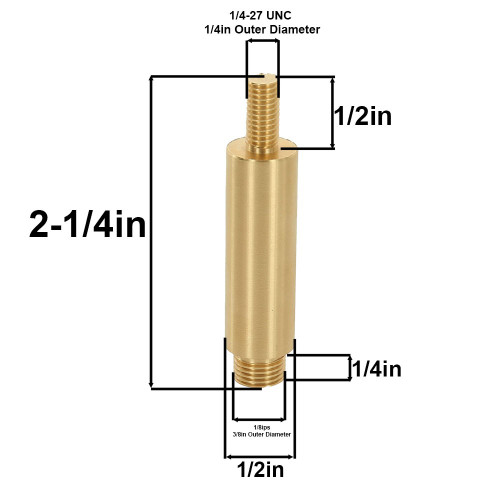 1-1/2in - 1/4-27 UNF Male Threaded X 1/8ips Male Threaded Turned Brass Riser - Unfinished Brass. 1/8ips Male Threaded Measures 1/4in Long and 1/4-27 Thread Measures 1/2in Long. Overall 2-1/4 in Long.