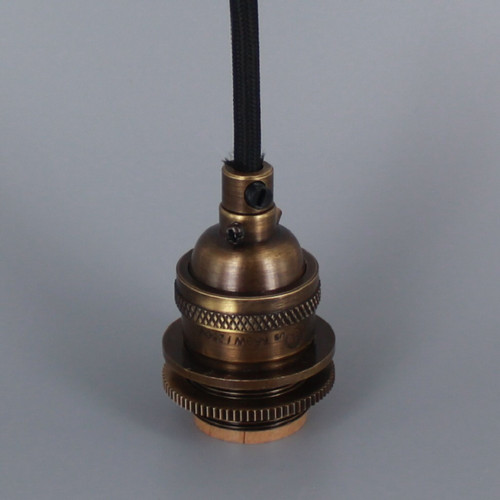 20Ft Long Black Nylon Overbraid Metal E-26 Base Keyless Lamp Socket - Antique Brass