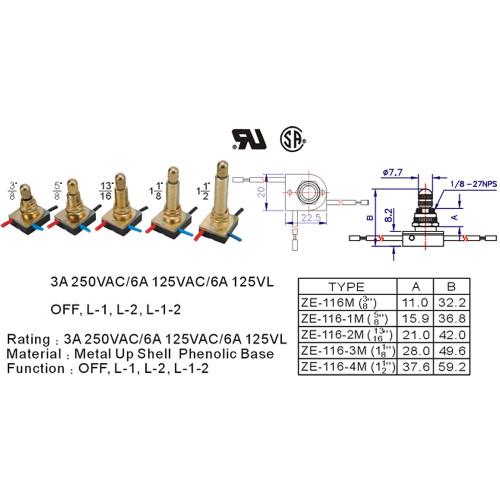 5/8in Shank 3-Way Rotary Switch with 6in. Wire Leads - Nickel Plated