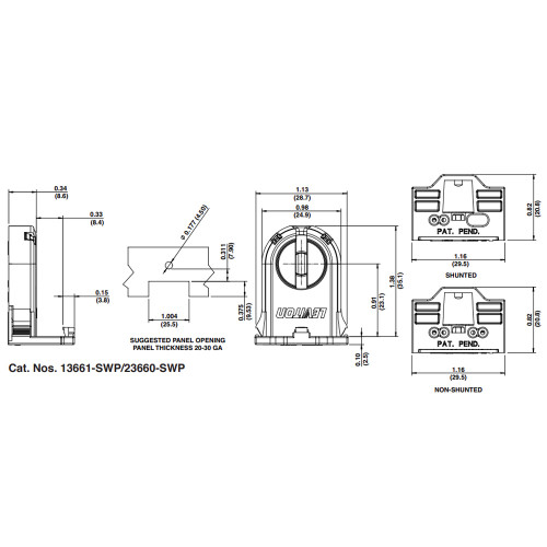 T8 or T12 - Turn-Type Lampholder - Medium Bi-Pin Socket Non-Shunted - For Programmed Start, Rapid Start, and Dimming Ballasts - Tall Profile - Snap In Mount - Leviton 13660-SNP