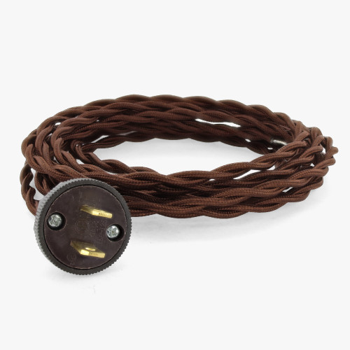 14ft.Brown Rayon Twisted Two Conductor Wire Cordset with Brown Antique Style Polarized Plug