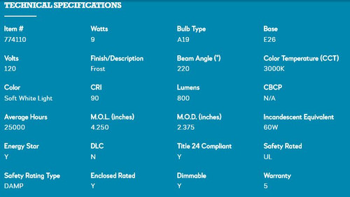 9W - LED A19 E-26 DIMMABLE UL ENCLOSED AND JA8 3000K