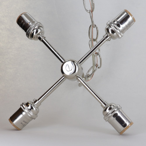 4 Light X-Cluster - E-26 - Wired with Top Loop and Chain - Polished Nickel Finish