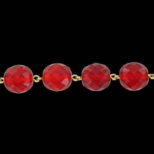 12mm. Red Crystal  Cut and Faceted Round Beaded with Brass Pin Chain