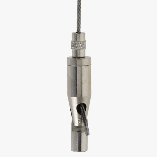 Swivel Style Suspension System Ceiling Gripper with 8/32 Threaded Swivel Head for use with 1-1.5mm Steel Cable. Wire Way for Wire Exit. 8/32 Threaded Swivel Head - Polished Nickel