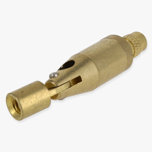 Unfinished Brass Swivel Style Suspension System Ceiling Gripper with Lock Nut for use with 1-1.5mm Steel Cable. Wire Way for Wire Exit. 8/32 Threaded Swivel Head.