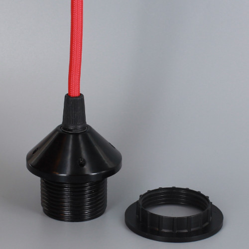 BLACK E-26 PHENOLIC THREADED SOCKET WITH 1/8IPS. CAP AND RING. PRE-WIRED 6FT RED NYLON OVERBRAID