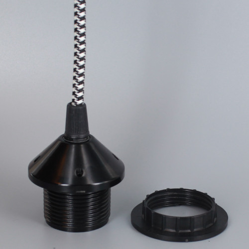 Black E-26 Base Phenolic Threaded Socket with Ring. Pre-Wired with 6Ft Long Black/White Houndstooth