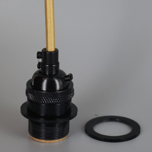 Black Finish Metal E-26 Base Keyless Lamp Socket Pre-Wired with 6Ft Long Gold Nylon Overbraid