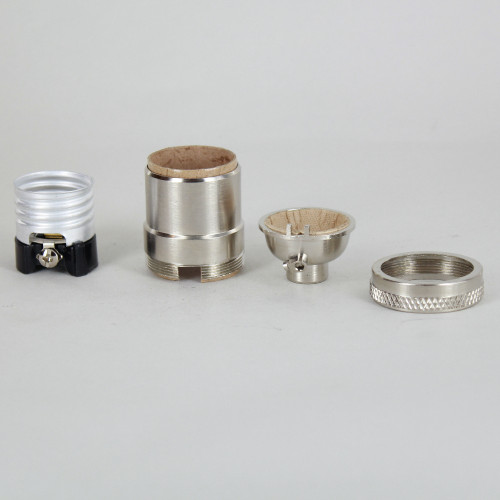 Satin Nickel Finish Heavy Turned Brass Keyless E-26 Socket with 1/8ips. Cap and Ground Terminal