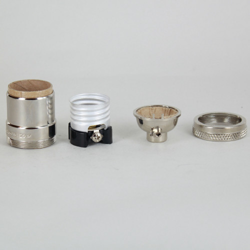 Polished Nickel Finish Heavy Turned Brass Keyless E-26 Socket with 1/8ips. Cap and Ground Terminal