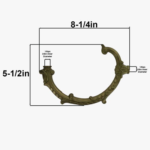 1/8ips Female Threaded Cast Brass C Arm. Arm Measures 5-1/2 inch long. Fine European Detailed Casting. Tubed Inside for Easy Wiring. All Lamp Arms are Hollow to Allow for the Wire to Pass Through. Works Great for Chandeliers, Wall Sconces and Candelabras.