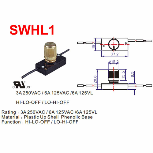 3/8in Shank Hi-Low Rotary Switch with Push On Brass Plated Knob
