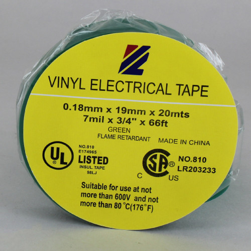 60ft Long Roll - 3/4in. Wide Thermoplastic PVC Insulating Tape - Green