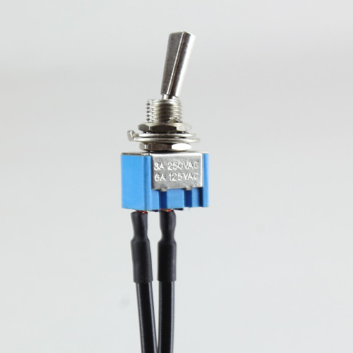 On-Off Miniature Toggle Switch with Long Flat Metal Toggle Knob. 6in Long 18/1 Wire Leads.