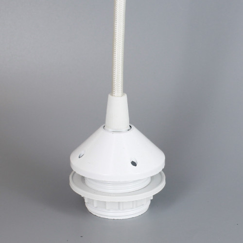 White E-26 Phenolic Threaded Socket With 1/8ips. Cap And Ring. Pre-wired 12ft White Nylon Overbraid