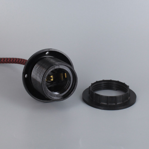 Black E-26 Phenolic Threaded Socket 1/8ips. Cap And Ring. Pre-wired 6ft Black/Wine Houndstooth