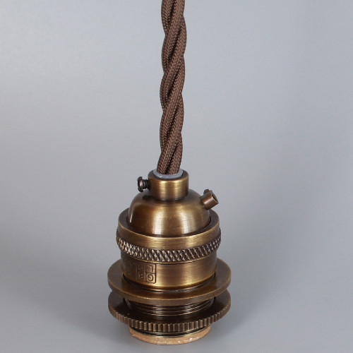 Antique Brass Metal E-26 Base Keyless Lamp Socket Pre-Wired 6Ft Long Brown Twisted Nylon Overbraid