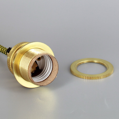 Polished Brass Metal E-26 Base Keyless Lamp Socket Pre-Wired with 6Ft BLACK/Yellow Nylon Overbraid