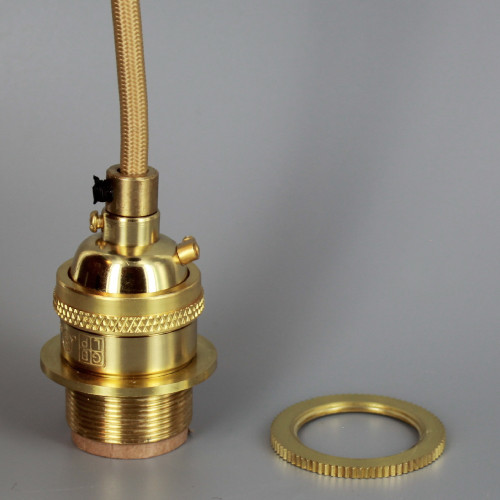 Polished Brass Metal E-26 Base Keyless Lamp Socket Pre-Wired with 6Ft Long Gold Nylon Overbraid