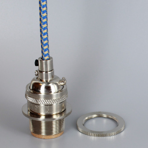 Polished Nickel Metal Base Keyless Lamp Socket Pre-Wired with 6Ft Long Blue/Gold Nylon Overbraid