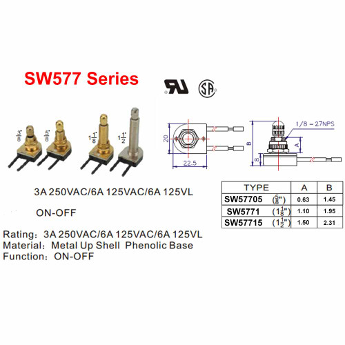 1-1/8in. Shank On-Off Rotary Switch with and 6in. Wire Leads - Brass Plated