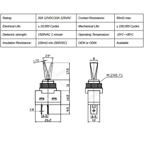 On-Off Plastic Toggle Switch with 6in Long 18/1 Wire Leads Rated Maximum 10A - 125VAC - Chrome