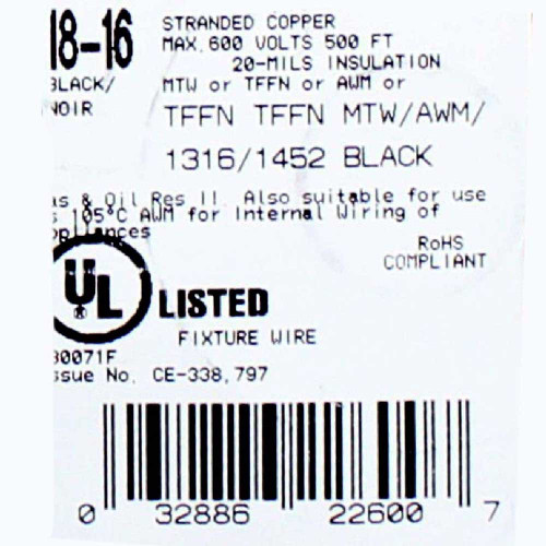 18/1 Black Single Conductor TFFN 105 Degrees Wire.