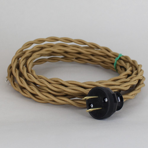 8ft Long Gold Twisted 18/2 SPT-2 Type UL Listed Powercord WITH BLACK PHENOLIC PLUG