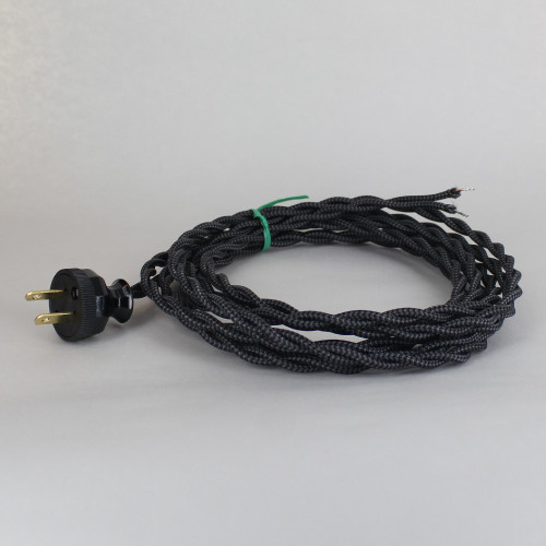 8ft Long Black/Gray Zigzag Pattern Twisted 18/2 SPT-2 Type UL Listed Powercord WITH BLACK PLUG