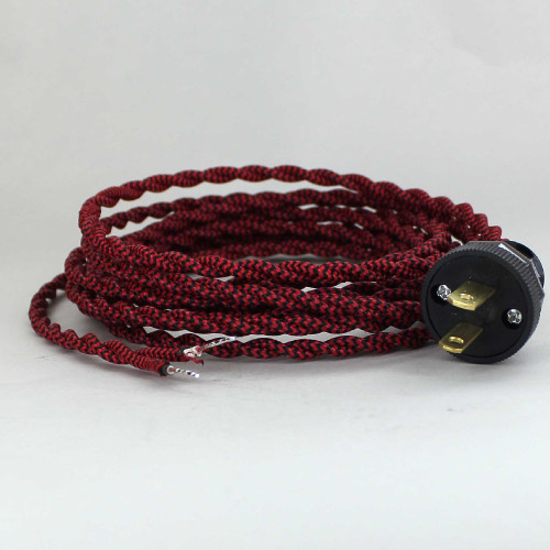 8ft Long Black/Red Zigzag Pattern Twisted 18/2 SPT-2 Type UL Listed Powercord WITH BLACK PLUG